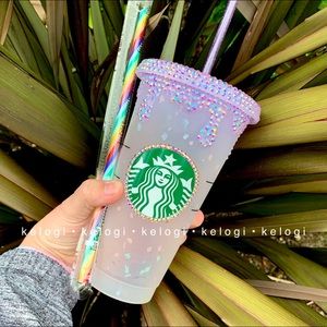🌈NEW🌈Starbucks Custom Bedazzled Bling Lilac Iridescent Drip Confetti Cold Cup